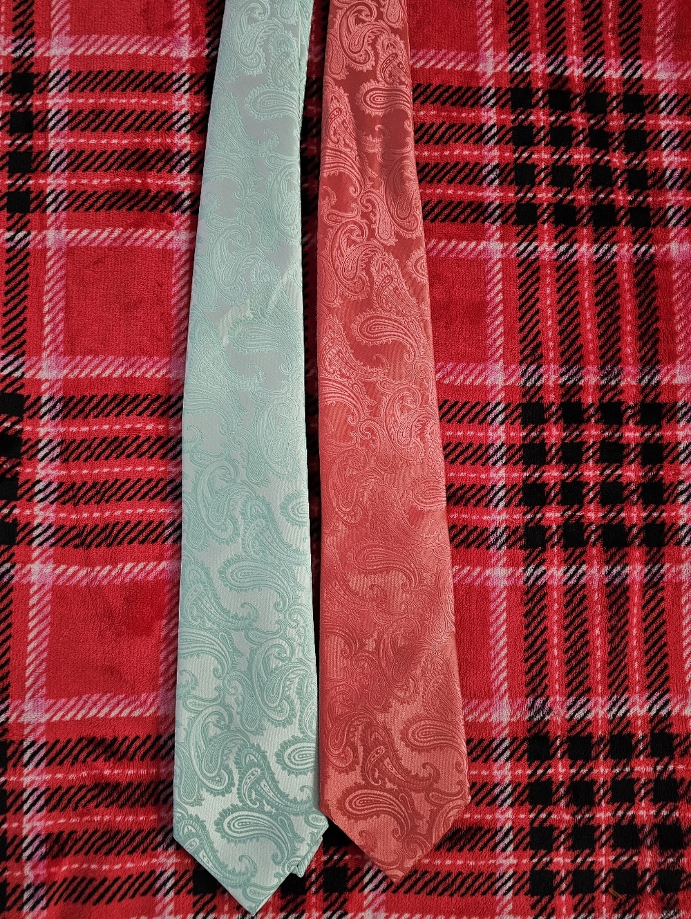 Classic Paisley Silk Tie - Coral and Mint (Pair)